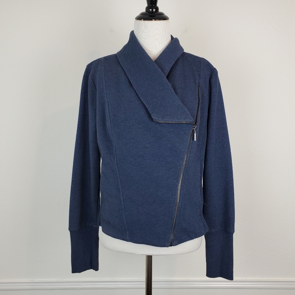H by Halston Jacket Moto Ribbed Knit Asymmetrical Zip Up Edgy Fall Spring Blue